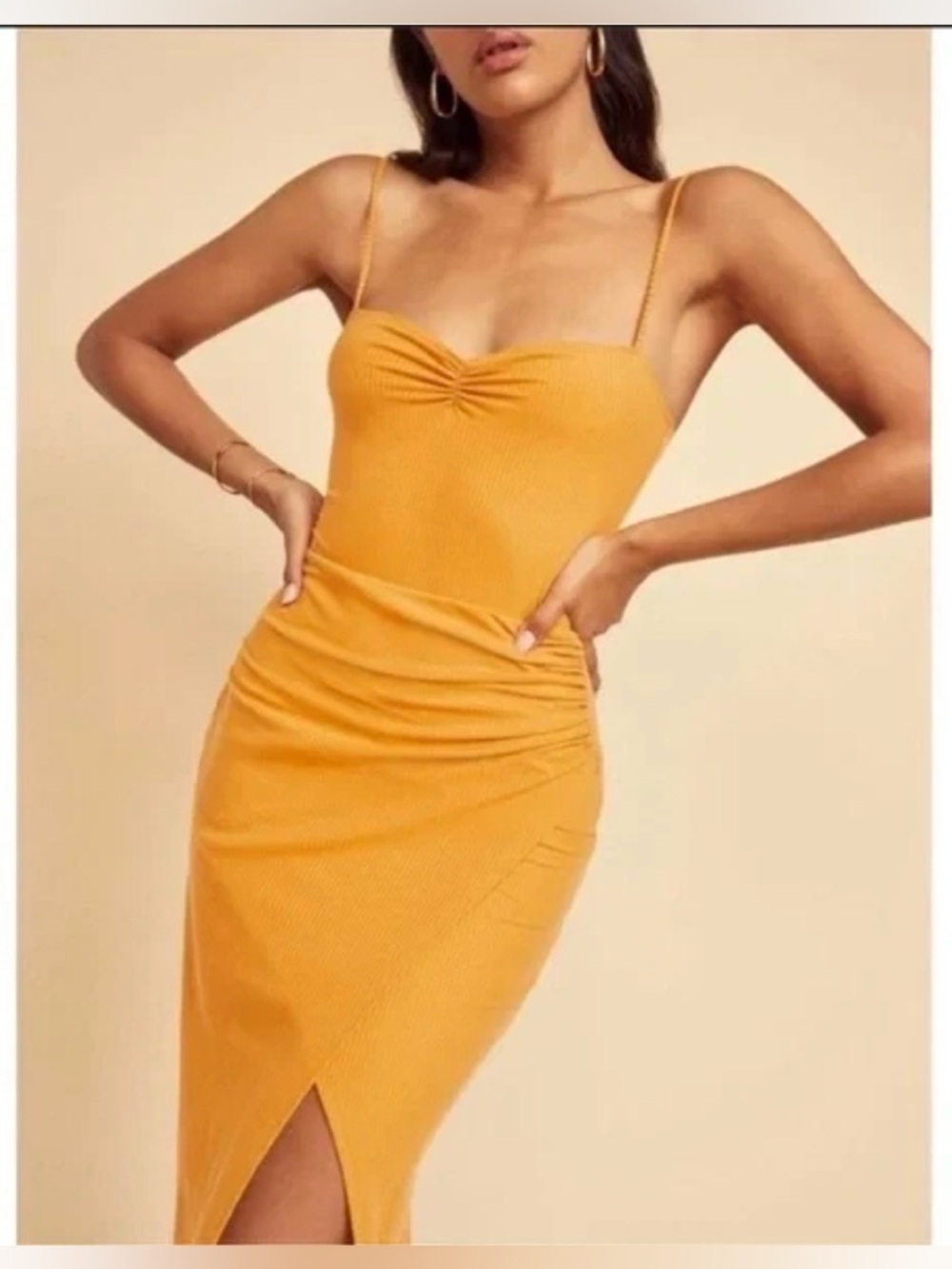 Reformation Strapless Ribbed Midi Dress in Golden Yellow